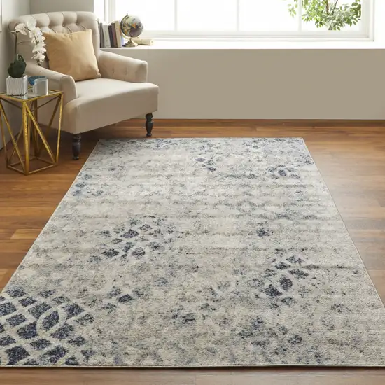 Ivory And Blue Abstract Power Loom Distressed Area Rug Photo 6