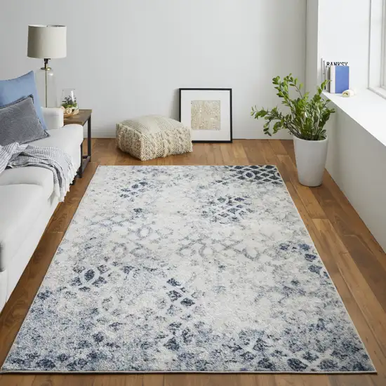 Ivory And Blue Abstract Power Loom Distressed Area Rug Photo 8