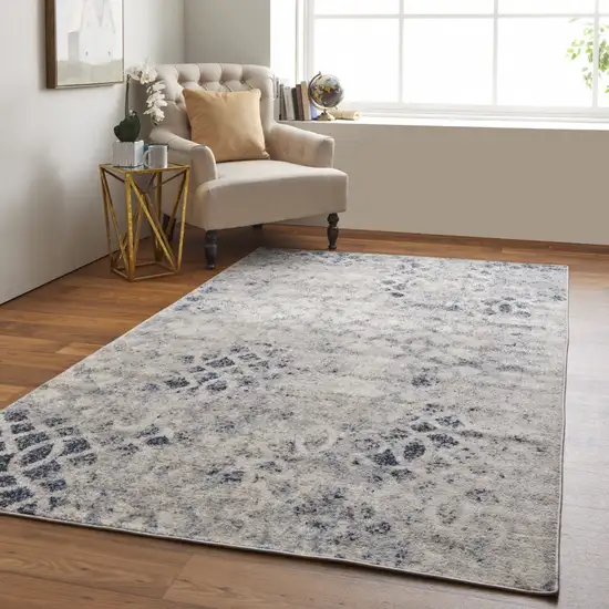 Ivory And Blue Abstract Power Loom Distressed Area Rug Photo 7