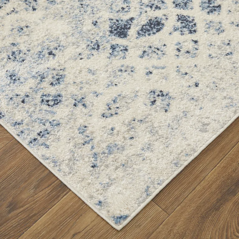 Ivory And Blue Abstract Power Loom Distressed Area Rug Photo 3