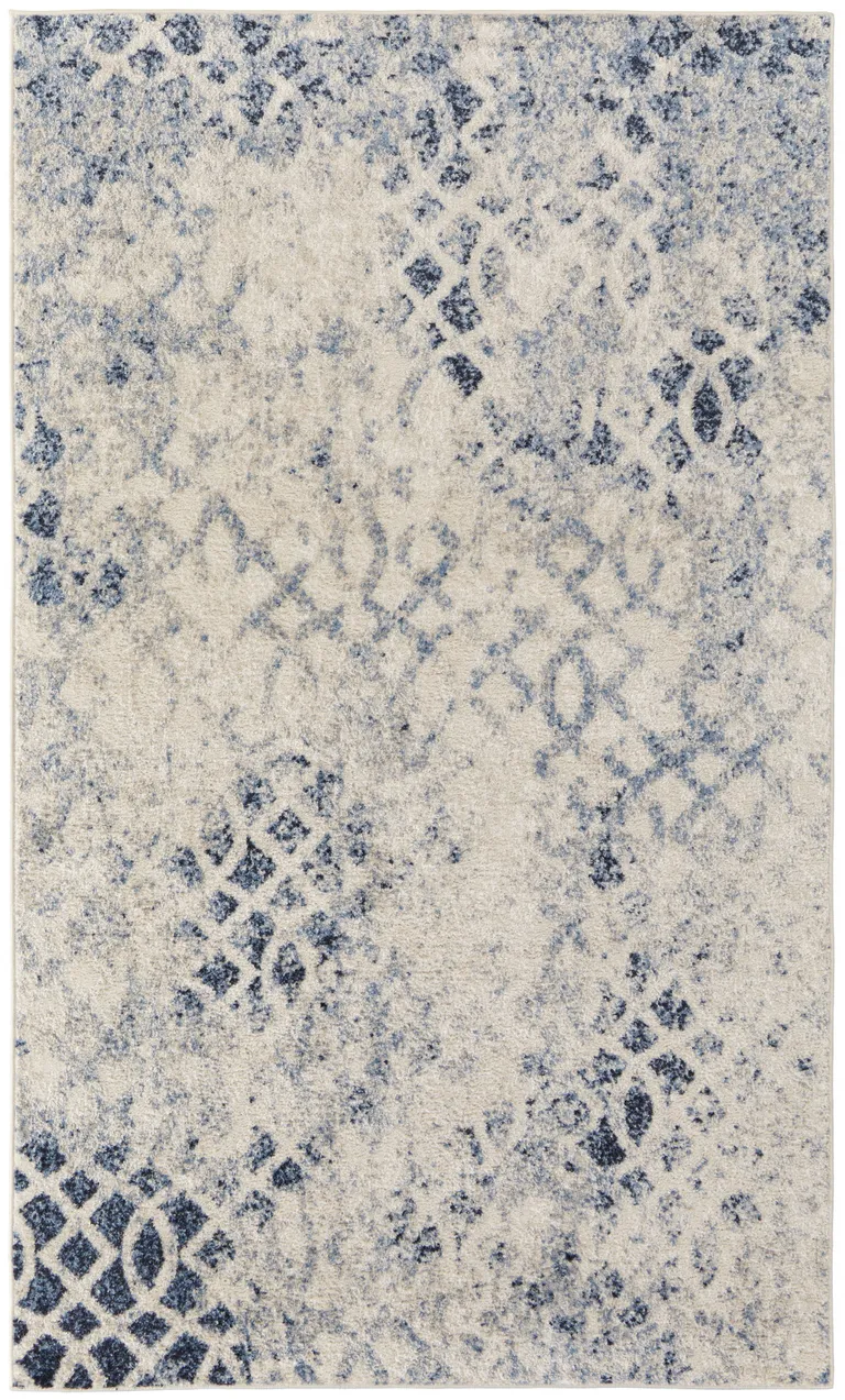 Ivory And Blue Abstract Power Loom Distressed Area Rug Photo 1