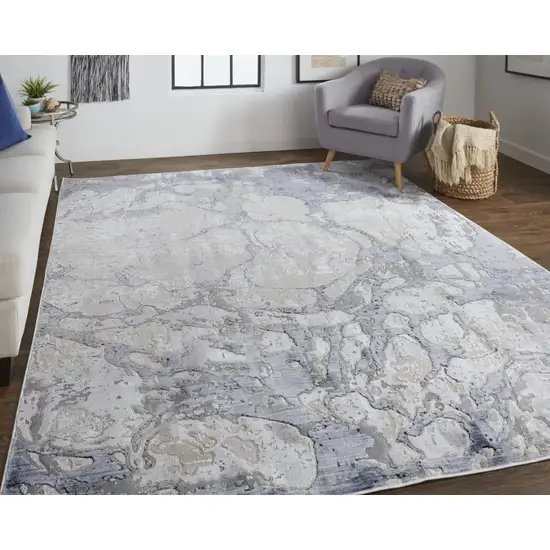 Ivory And Blue Abstract Power Loom Distressed Area Rug Photo 8