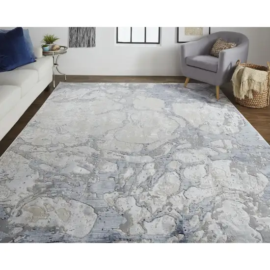 Ivory And Blue Abstract Power Loom Distressed Area Rug Photo 7