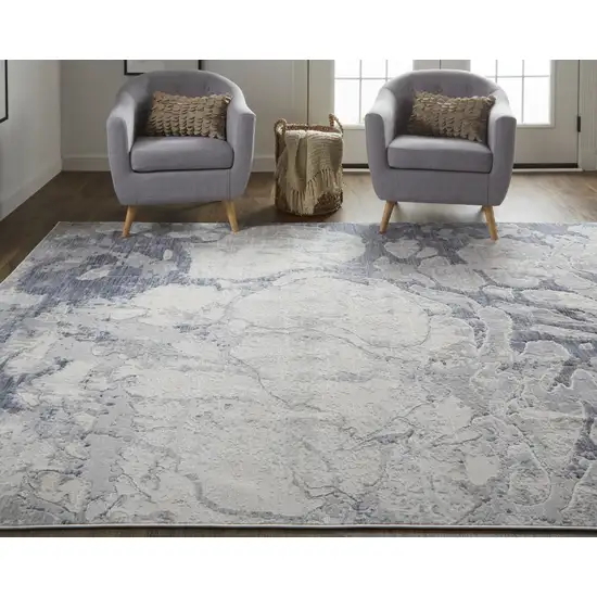 Ivory And Blue Abstract Power Loom Distressed Area Rug Photo 9