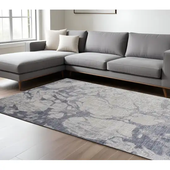 Ivory and Blue Abstract Power Loom Distressed Non Skid Area Rug Photo 1