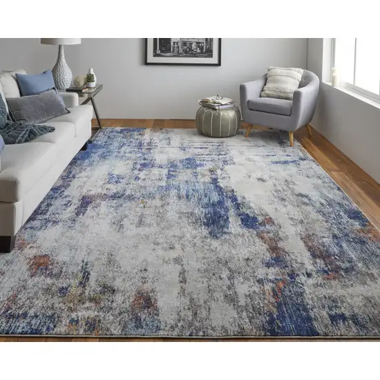 Ivory And Blue Abstract Power Loom Distressed Stain Resistant Area Rug Photo 6
