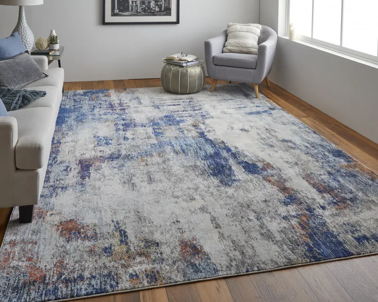 Ivory And Blue Abstract Power Loom Distressed Stain Resistant Area Rug Photo 3