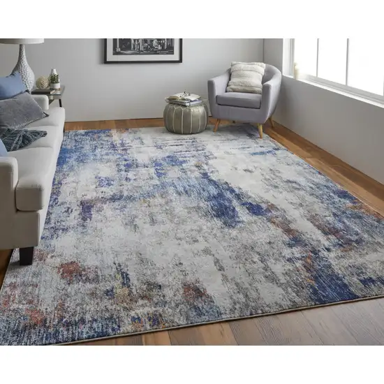 Ivory And Blue Abstract Power Loom Distressed Stain Resistant Area Rug Photo 3