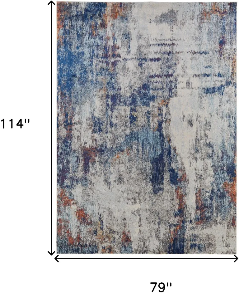 Ivory And Blue Abstract Power Loom Distressed Stain Resistant Area Rug Photo 4