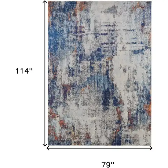 Ivory And Blue Abstract Power Loom Distressed Stain Resistant Area Rug Photo 4