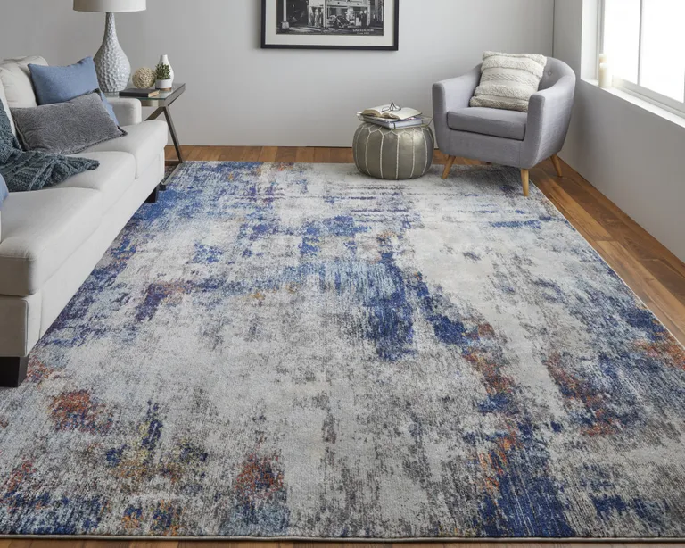 Ivory And Blue Abstract Power Loom Distressed Stain Resistant Area Rug Photo 2