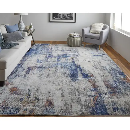 Ivory And Blue Abstract Power Loom Distressed Stain Resistant Area Rug Photo 2