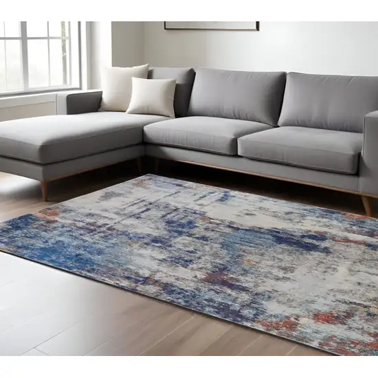 Ivory and Blue Abstract Power Loom Distressed Non Skid Area Rug Photo 1