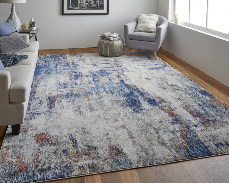 Ivory And Blue Abstract Power Loom Distressed Stain Resistant Area Rug Photo 2