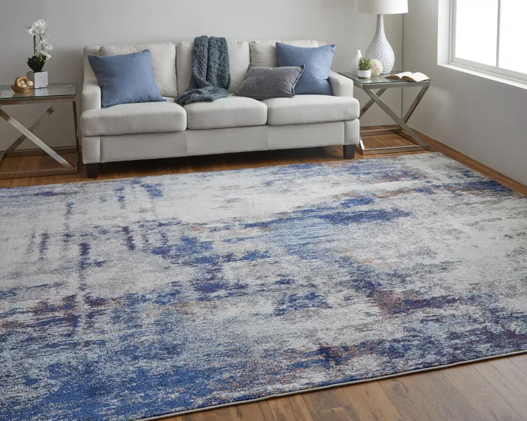 Ivory And Blue Abstract Power Loom Distressed Stain Resistant Area Rug Photo 3