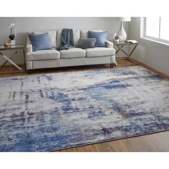 Ivory And Blue Abstract Power Loom Distressed Stain Resistant Area Rug Photo 3