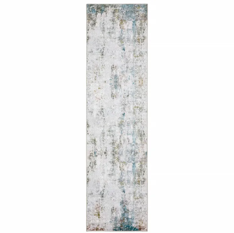 Ivory And Blue Abstract Printed Stain Resistant Non Skid Runner Rug Photo 1