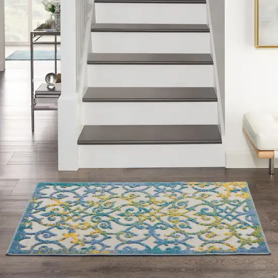 Ivory And Blue Damask Non Skid Indoor Outdoor Area Rug Photo 9