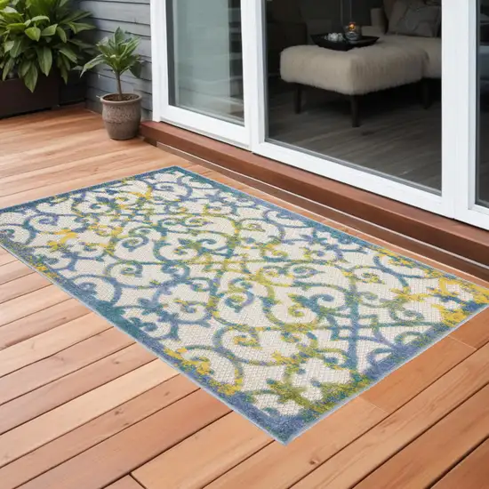 Ivory And Blue Damask Non Skid Indoor Outdoor Area Rug Photo 1