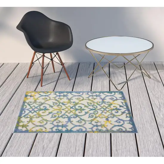 Ivory And Blue Damask Non Skid Indoor Outdoor Area Rug Photo 2