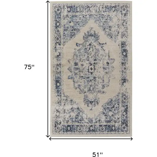 Ivory And Blue Floral Power Loom Distressed Area Rug Photo 4