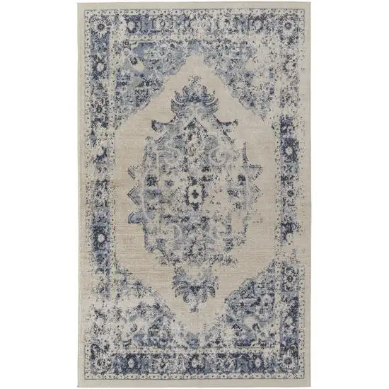 Ivory And Blue Floral Power Loom Distressed Area Rug Photo 1