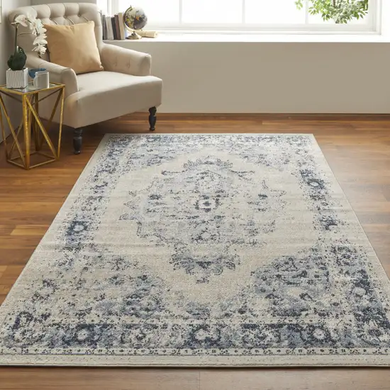 Ivory And Blue Floral Power Loom Distressed Area Rug Photo 4