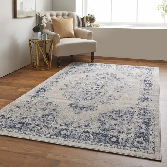 Ivory And Blue Floral Power Loom Distressed Area Rug Photo 7