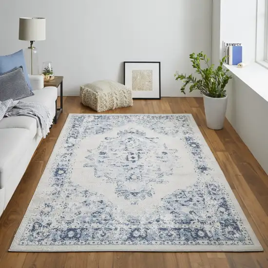 Ivory And Blue Floral Power Loom Distressed Area Rug Photo 8