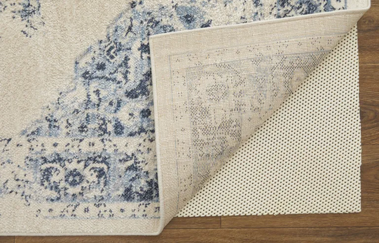 Ivory And Blue Floral Power Loom Distressed Area Rug Photo 5