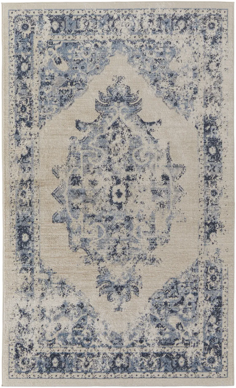 Ivory And Blue Floral Power Loom Distressed Area Rug Photo 1