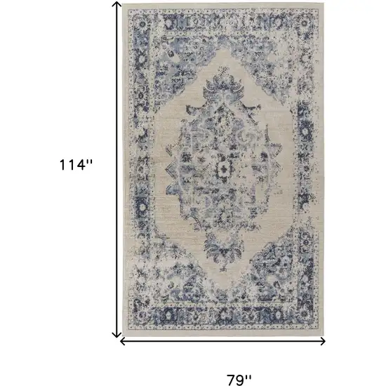 Ivory And Blue Floral Power Loom Distressed Area Rug Photo 10