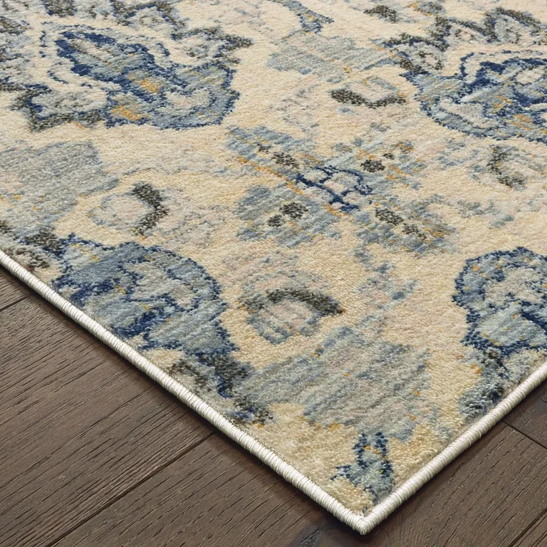 Ivory And Blue Floral Power Loom Stain Resistant Area Rug Photo 3