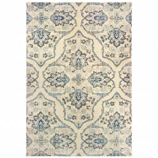 Ivory And Blue Floral Power Loom Stain Resistant Area Rug Photo 1