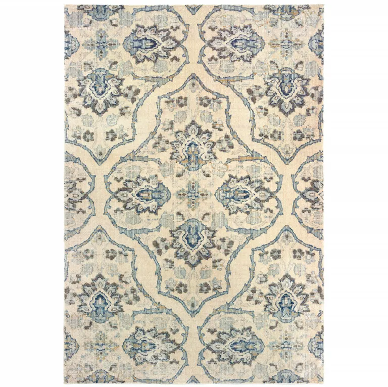 Ivory And Blue Floral Power Loom Stain Resistant Area Rug Photo 1