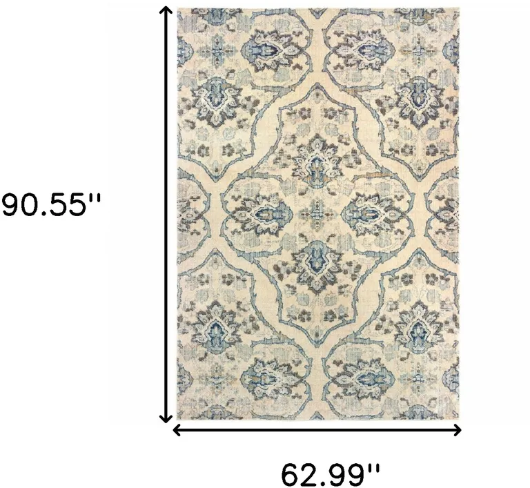 Ivory And Blue Floral Power Loom Stain Resistant Area Rug Photo 5