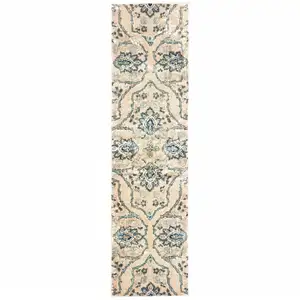 Photo of Ivory And Blue Floral Power Loom Stain Resistant Runner Rug