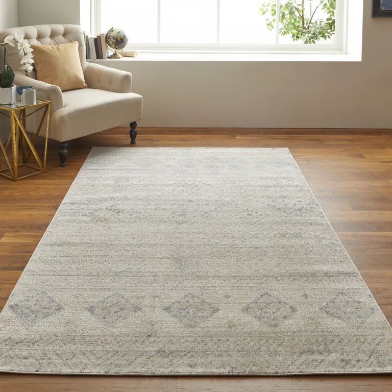 Ivory And Blue Geometric Power Loom Distressed Area Rug Photo 5