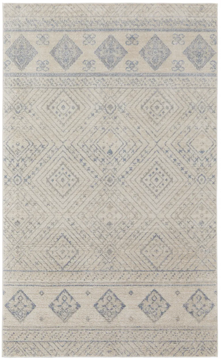 Ivory And Blue Geometric Power Loom Distressed Area Rug Photo 1