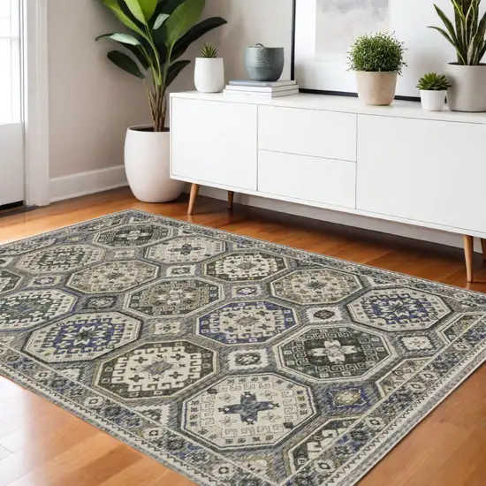 Ivory And Blue Medallion Area Rug With Fringe Photo 1