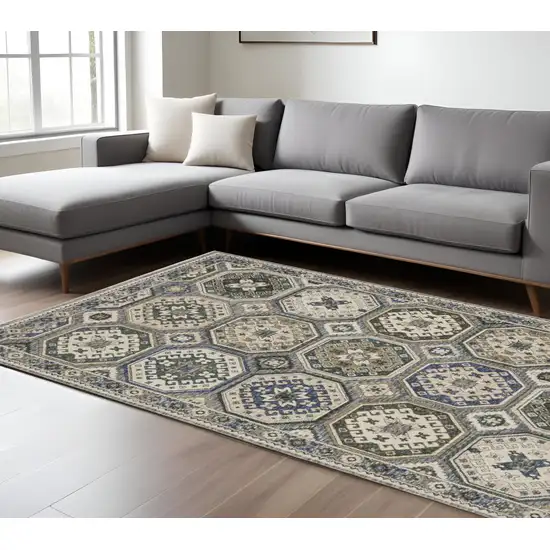 Ivory And Blue Medallion Area Rug With Fringe Photo 1