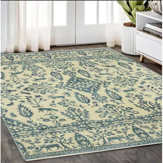 Ivory And Blue Oriental Area Rug With Fringe Photo 1