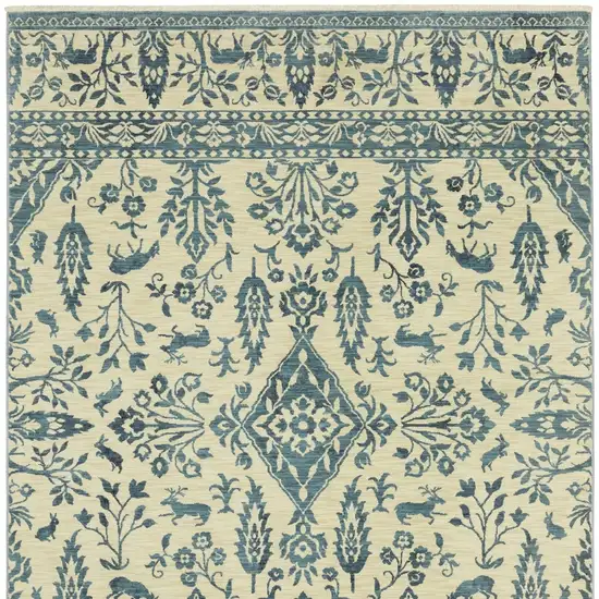 Ivory And Blue Oriental Area Rug With Fringe Photo 8