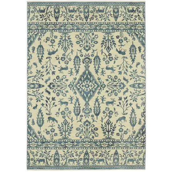 Ivory And Blue Oriental Area Rug With Fringe Photo 2