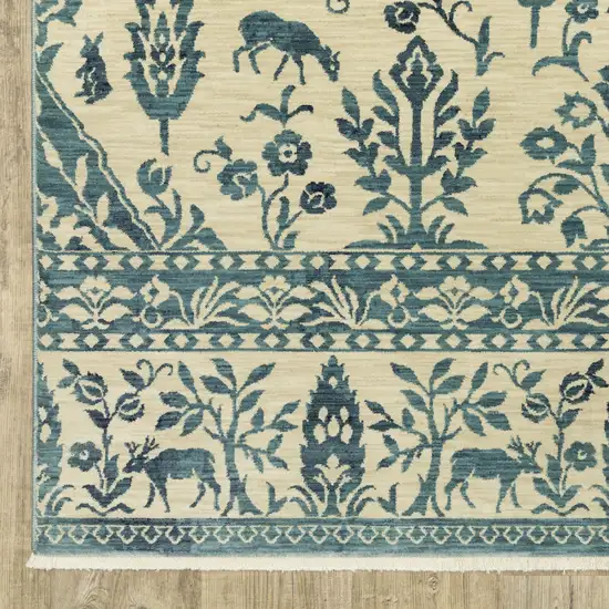 Ivory And Blue Oriental Area Rug With Fringe Photo 5