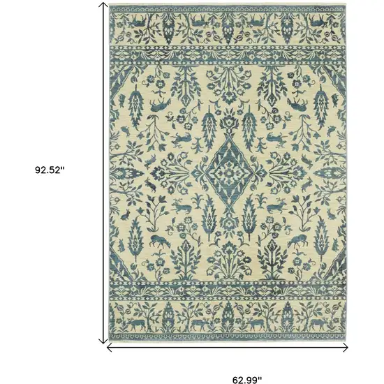 Ivory And Blue Oriental Area Rug With Fringe Photo 3