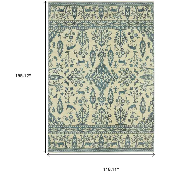 Ivory And Blue Oriental Area Rug With Fringe Photo 3