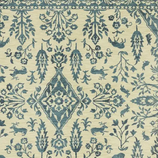 Ivory And Blue Oriental Area Rug With Fringe Photo 7