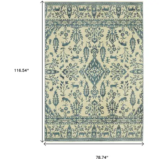 Ivory And Blue Oriental Area Rug With Fringe Photo 3