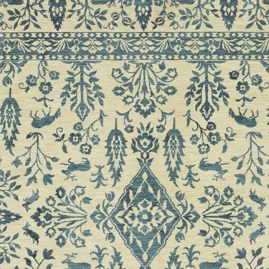 Ivory And Blue Oriental Area Rug With Fringe Photo 7